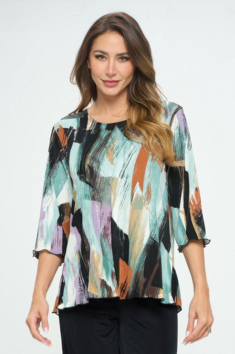 Women's printed notch neck missy top with shirred detail, lightweight woven polyester blend work blouse