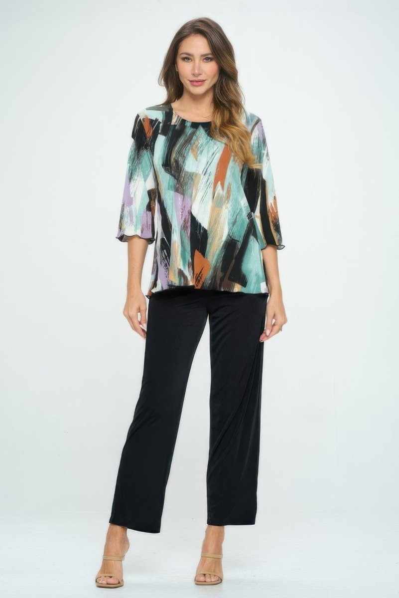 Women's printed notch neck missy top with shirred detail, lightweight woven polyester blend work blouse