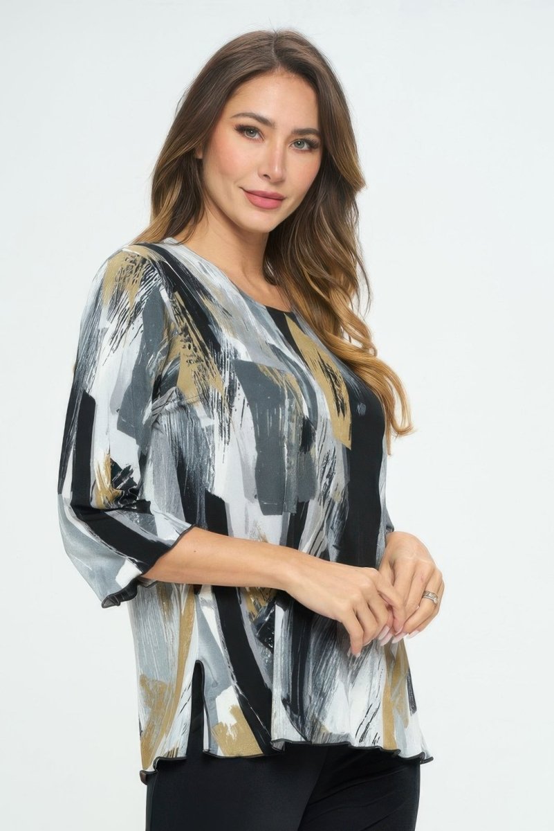Women's printed notch neck missy top with shirred detail, lightweight woven polyester blend work blouse