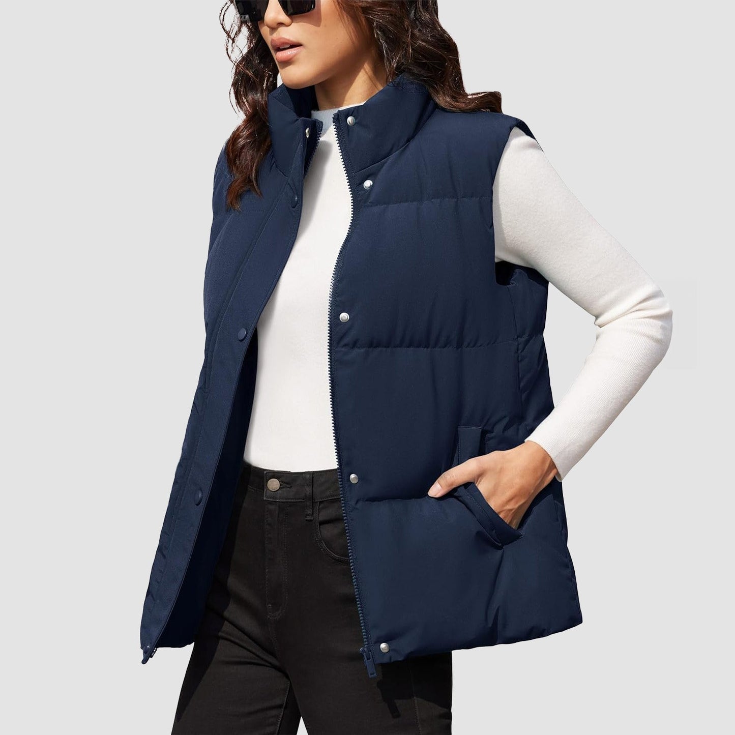 Women's oversized puffer vest duck down fill windproof water-resistant stand collar with 2 pockets