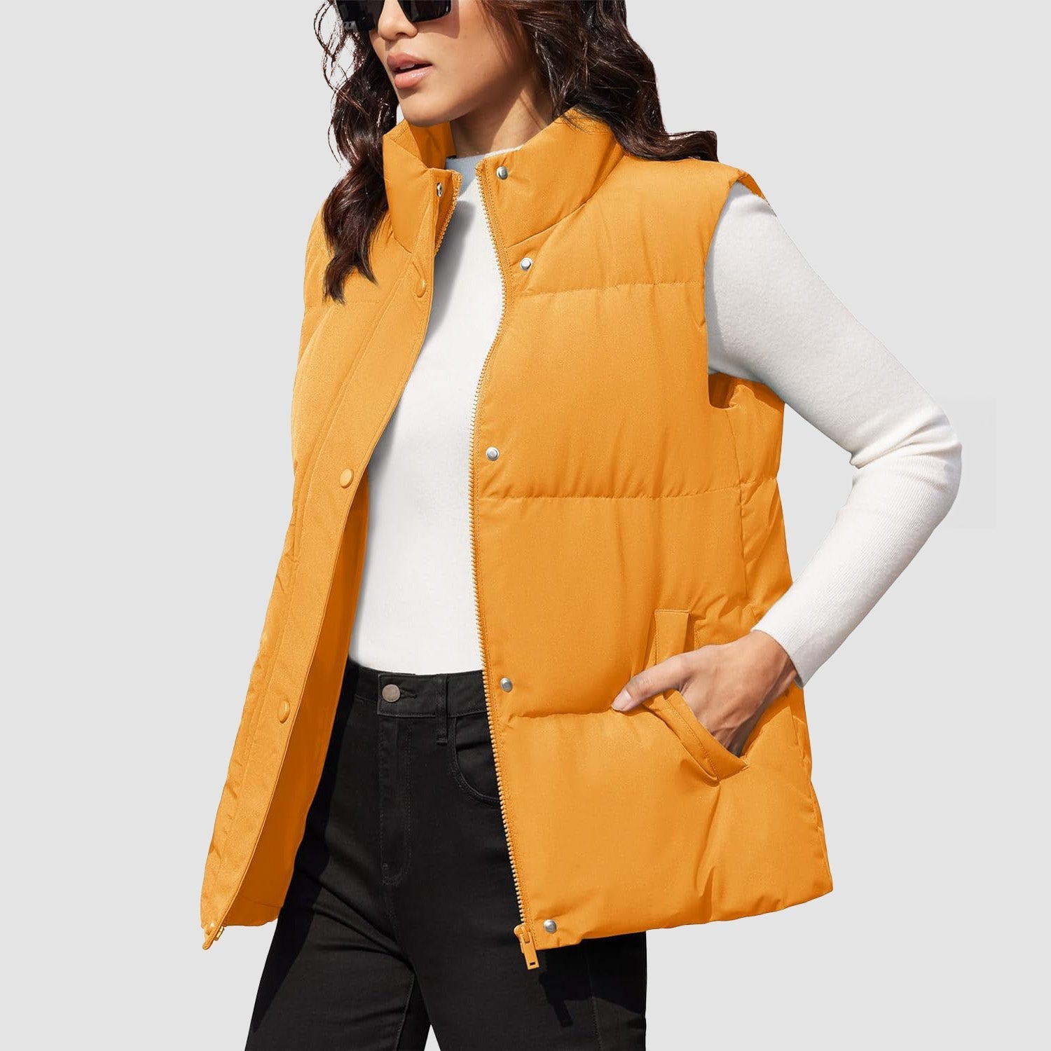 Women's oversized puffer vest duck down fill windproof water-resistant stand collar with 2 pockets