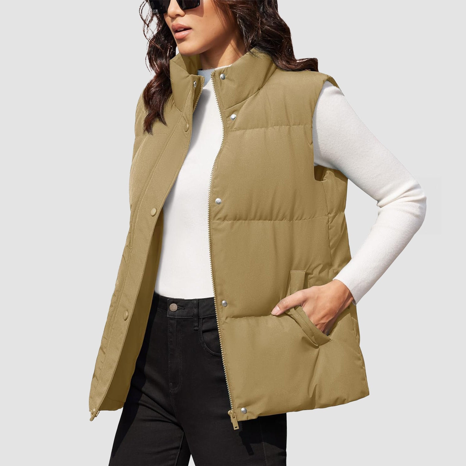 Women's oversized puffer vest duck down fill windproof water-resistant stand collar two pockets