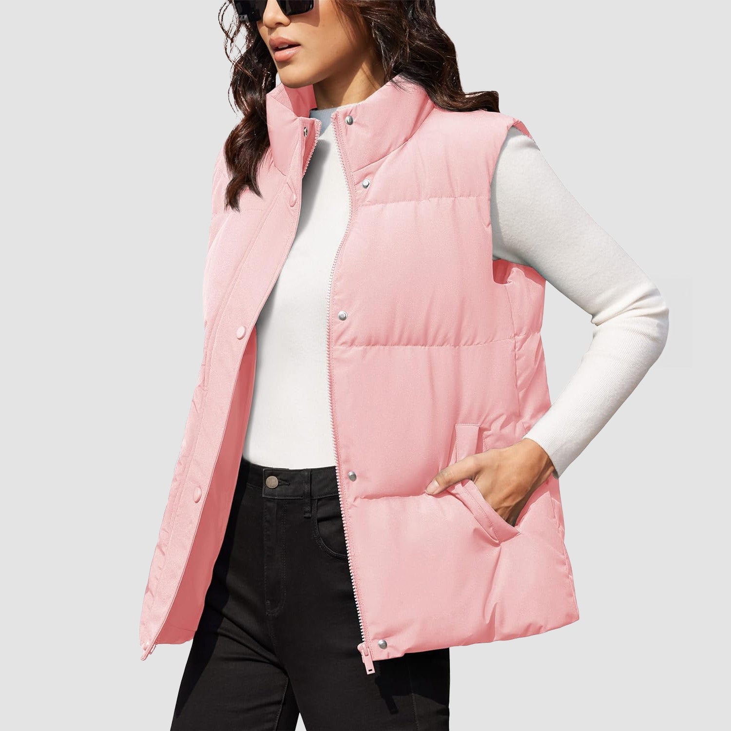 Women's oversized puffer vest duck down fill windproof water-resistant stand collar with 2 pockets