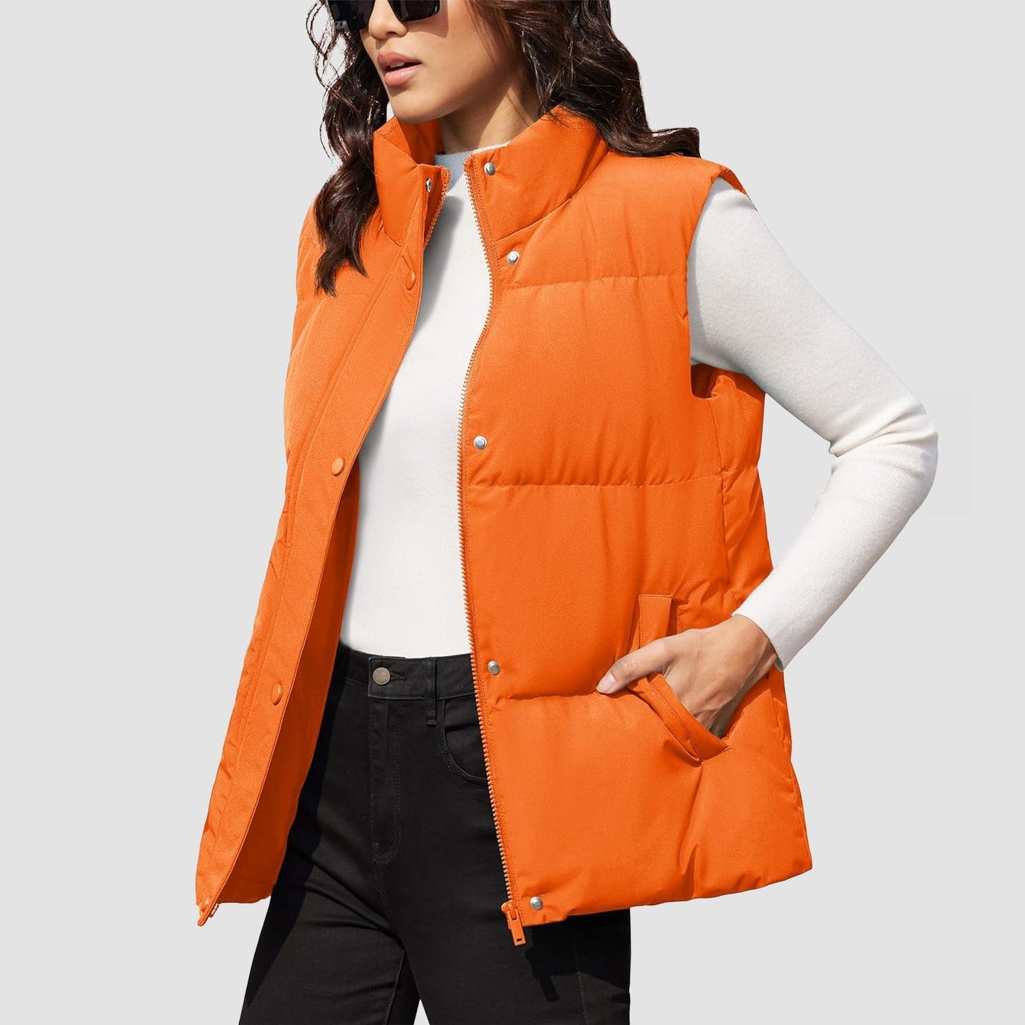 Women's oversized puffer vest duck down fill windproof water-resistant stand collar two pockets