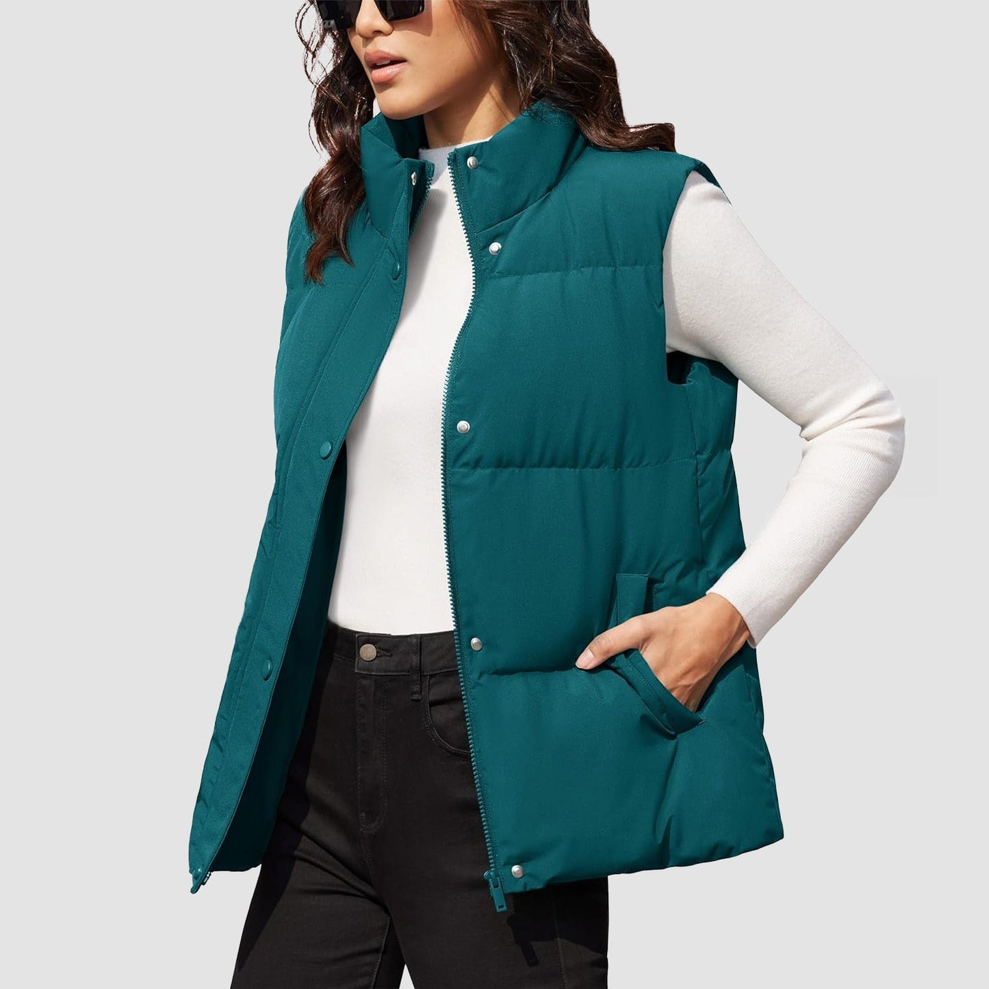 Women's oversized puffer vest duck down fill windproof water-resistant stand collar with side pockets