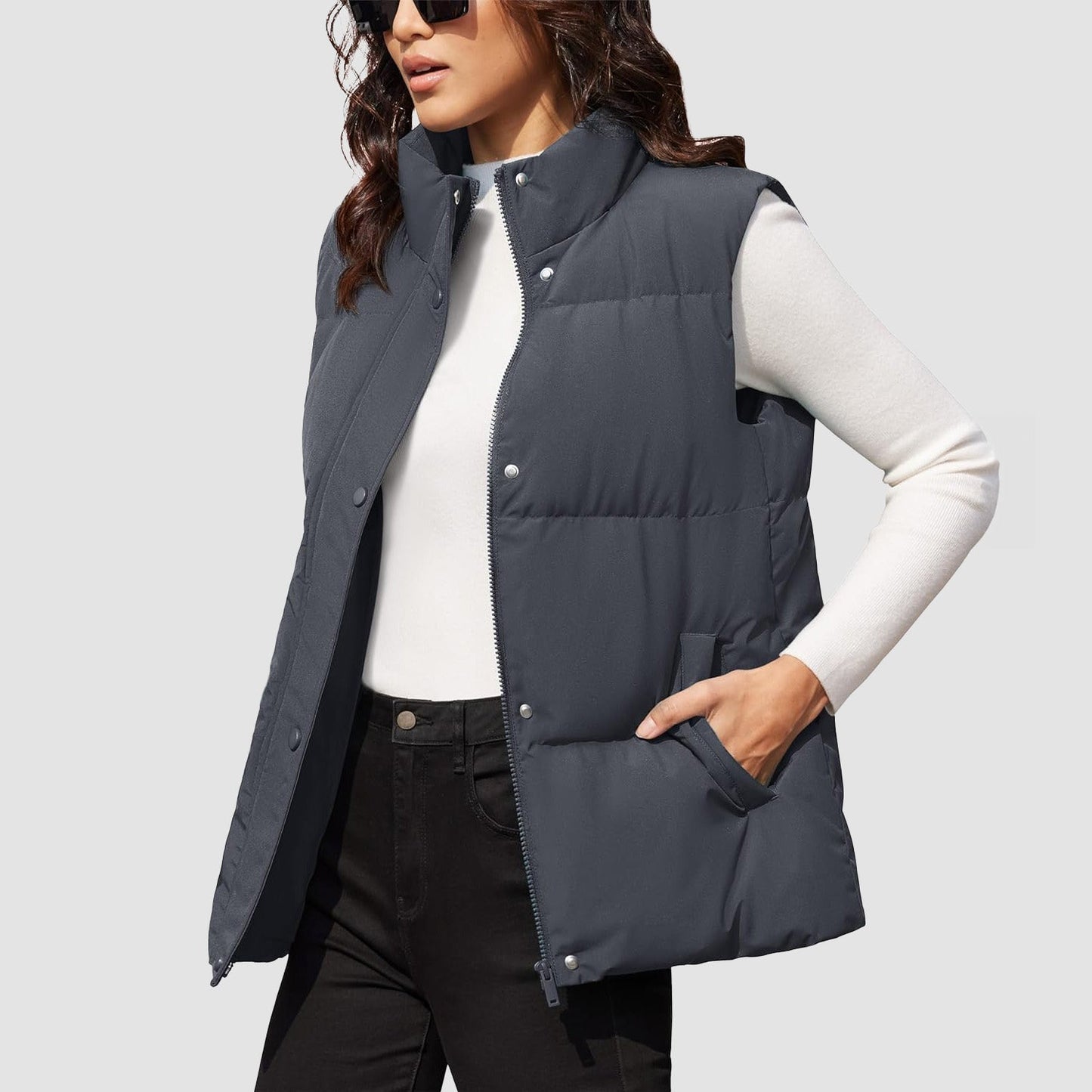 Women's oversized puffer vest duck down fill windproof water-resistant stand collar two pockets