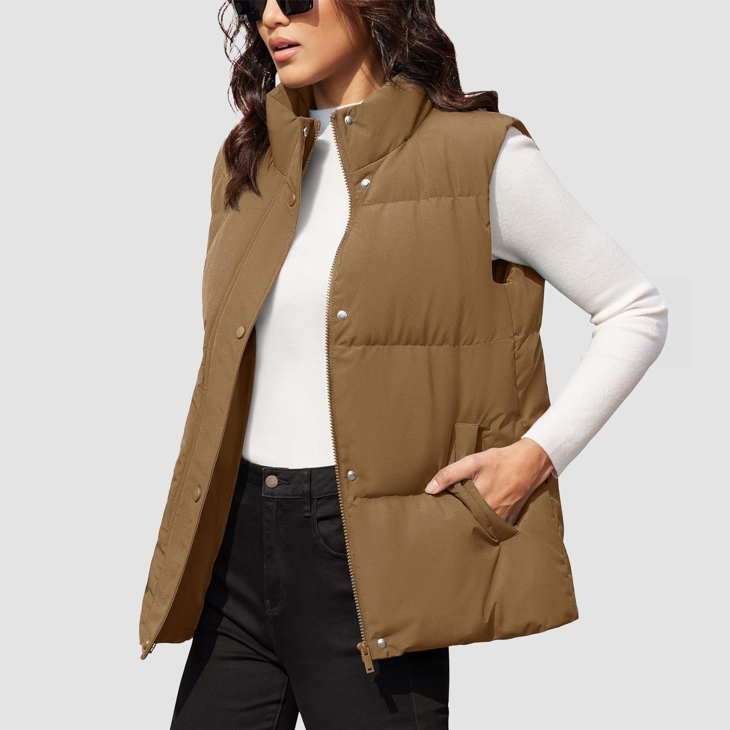 Women's oversized puffer vest duck down fill windproof water-resistant stand collar with 2 pockets