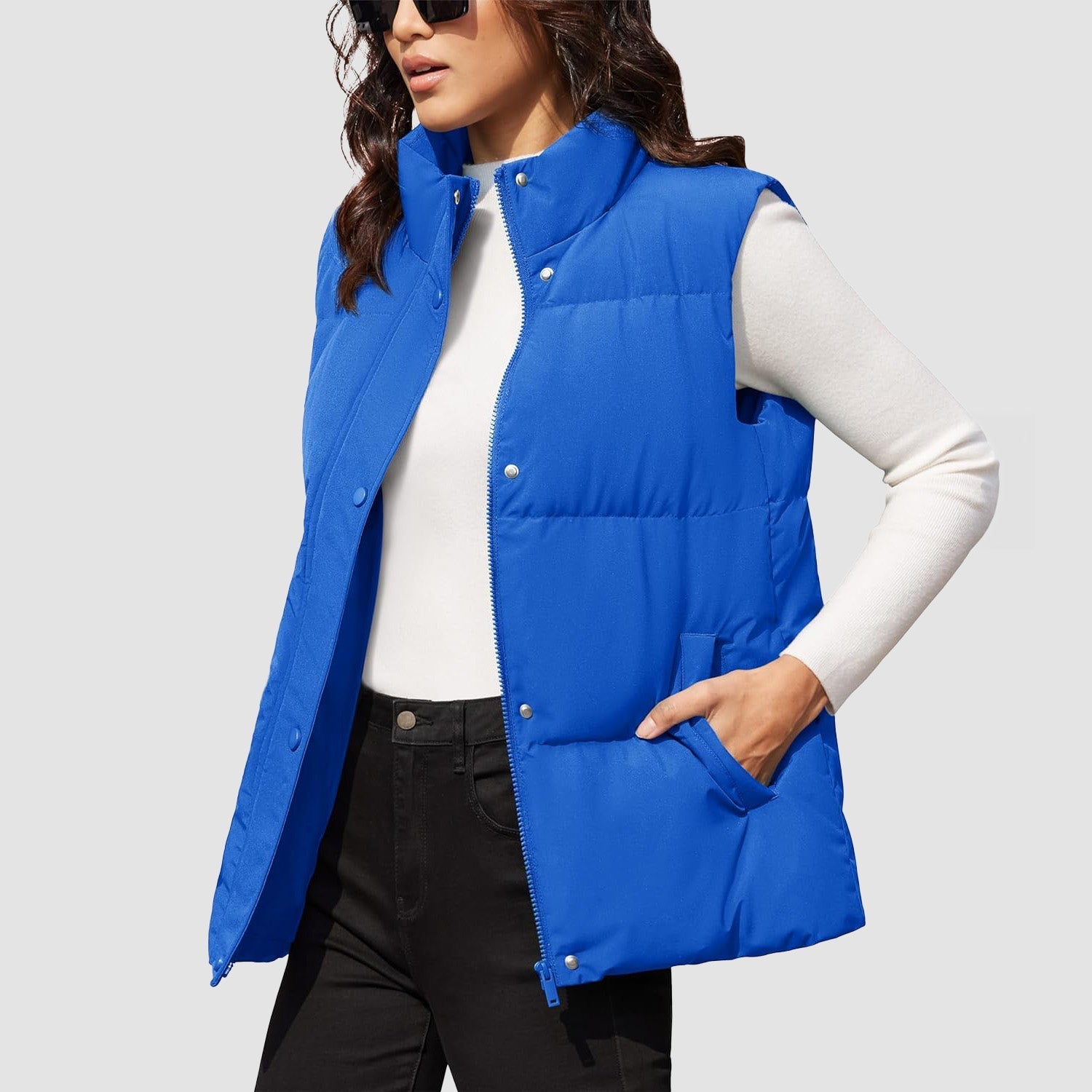 Women's oversized puffer vest duck down fill windproof water-resistant stand collar two pockets