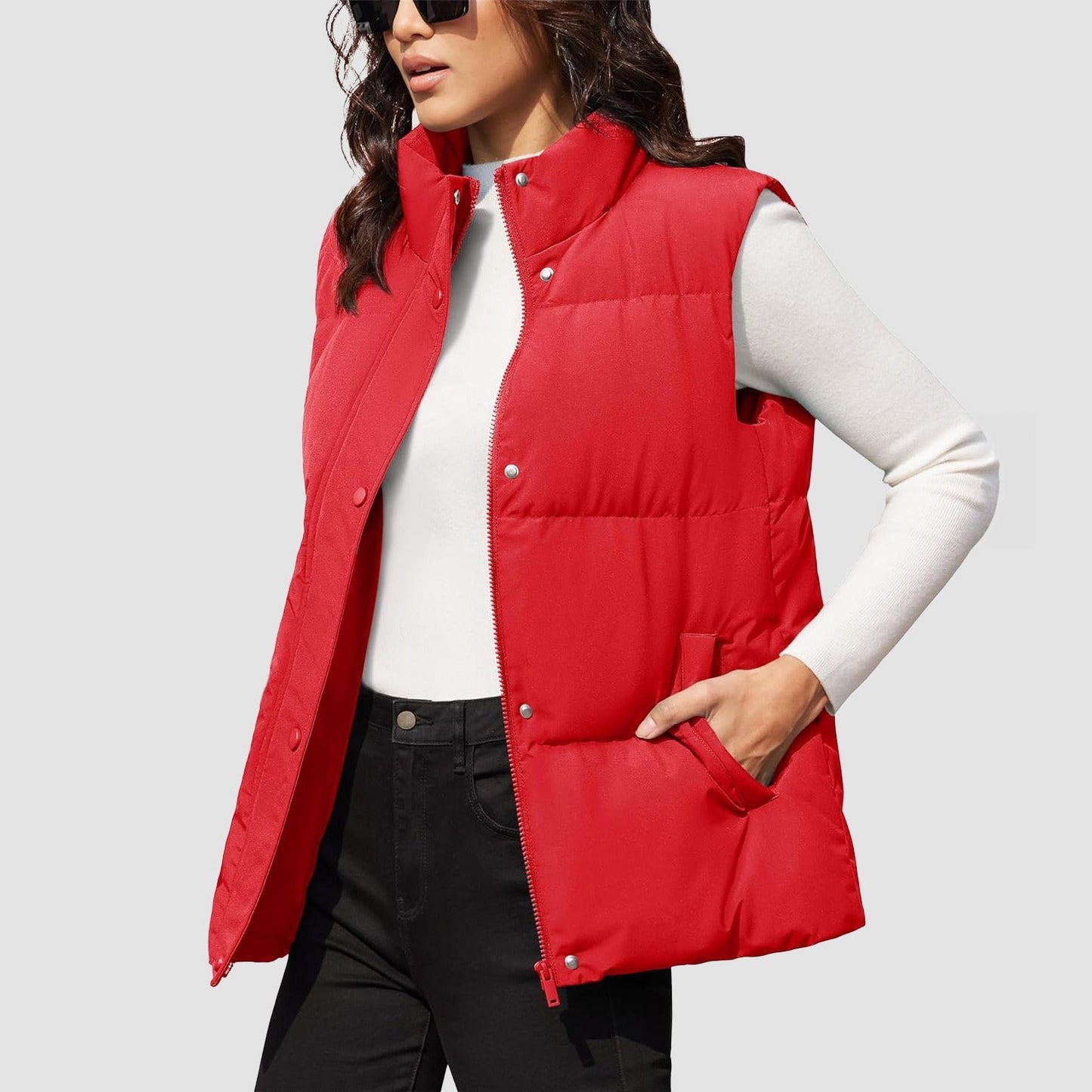 Women's oversized puffer vest duck down fill windproof water-resistant stand collar with 2 pockets