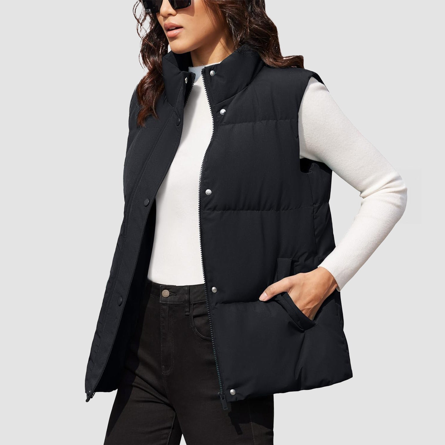 Women's oversized puffer vest duck down fill windproof water-resistant stand collar with side pockets