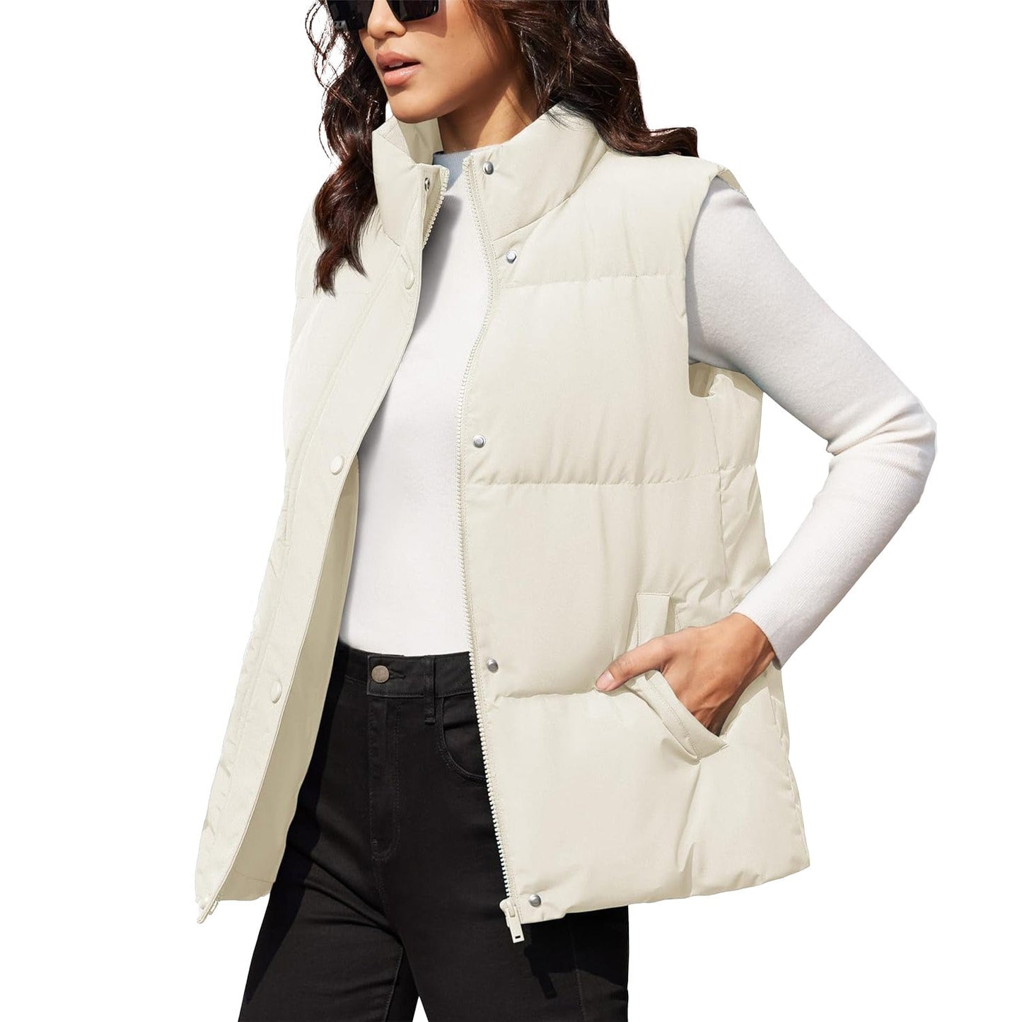 Women's oversized puffer vest duck down fill windproof water-resistant stand collar two pockets