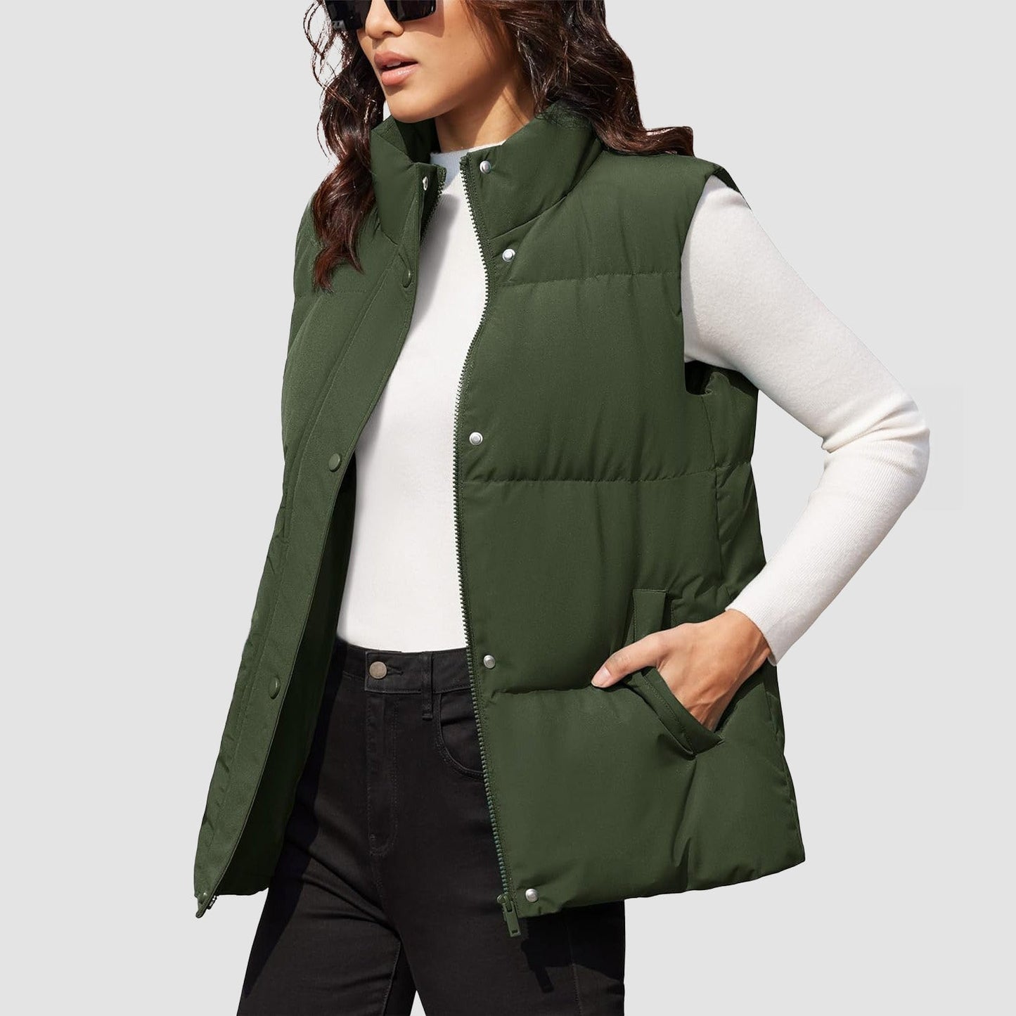 Women's oversized puffer vest duck down fill windproof water-resistant stand collar two pockets