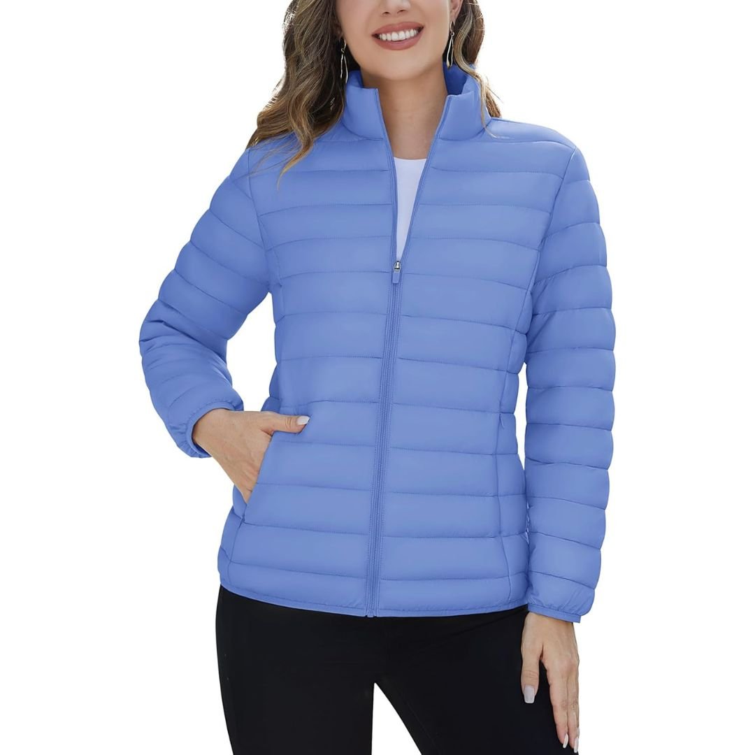 Women's lightweight quilted puffer jacket windproof stand collar warm coat with pockets