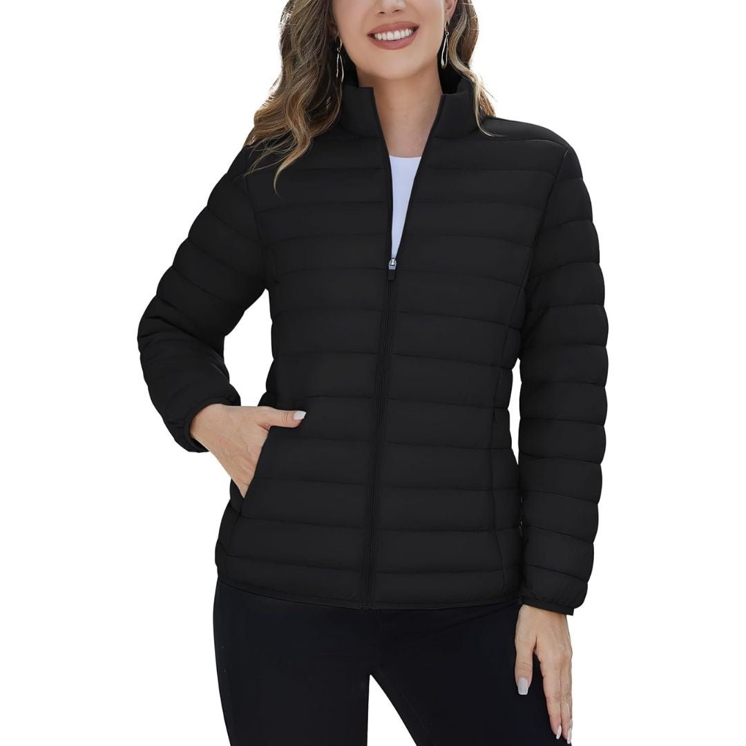 Women's lightweight quilted puffer jacket windproof stand collar warm coat with pockets