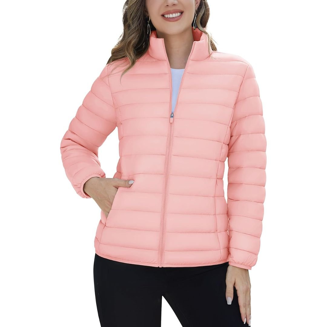 Women's lightweight quilted puffer jacket windproof stand collar warm coat with pockets