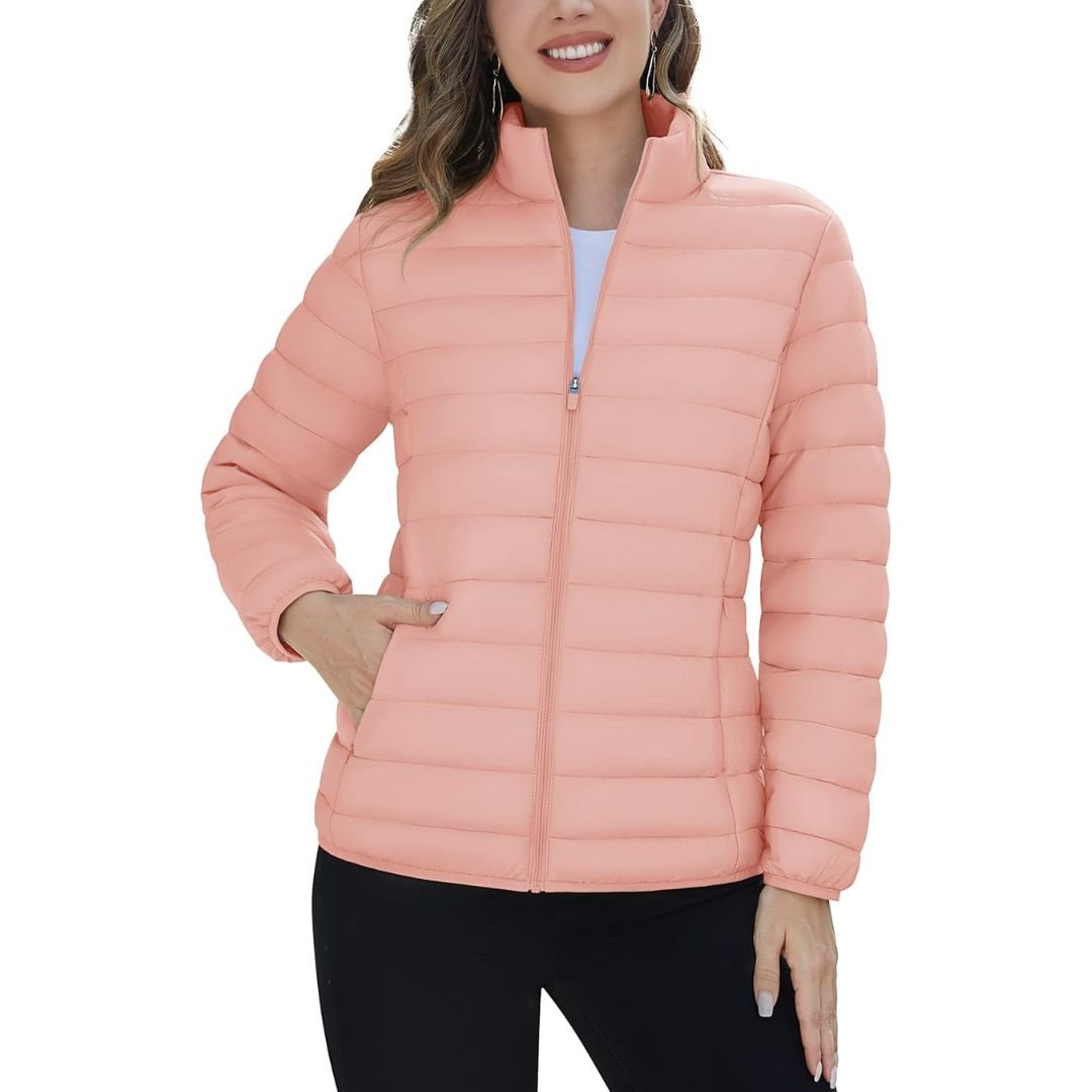 Women's lightweight quilted puffer jacket windproof stand collar warm coat with pockets