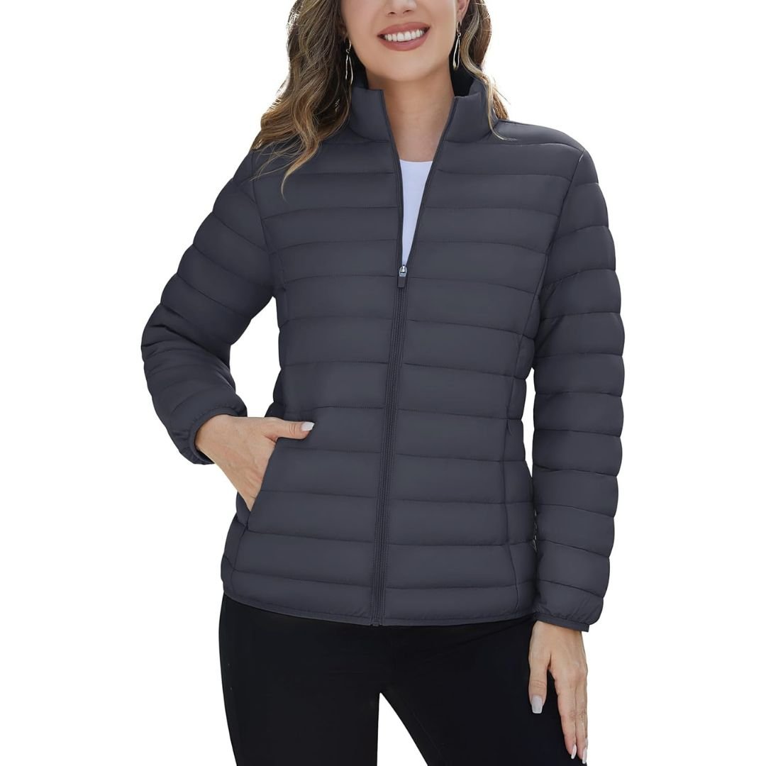 Women's lightweight quilted puffer jacket windproof stand collar warm coat with pockets