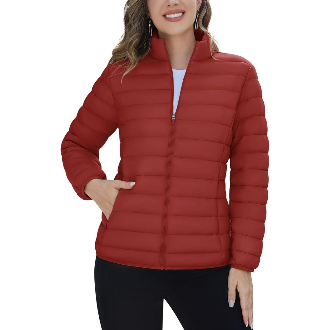 Women's lightweight quilted puffer jacket windproof stand collar warm coat with pockets