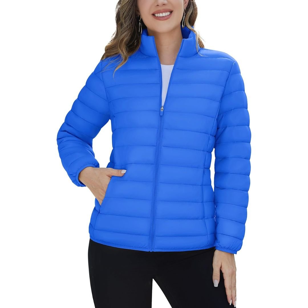 Women's lightweight quilted puffer jacket windproof stand collar warm coat with pockets