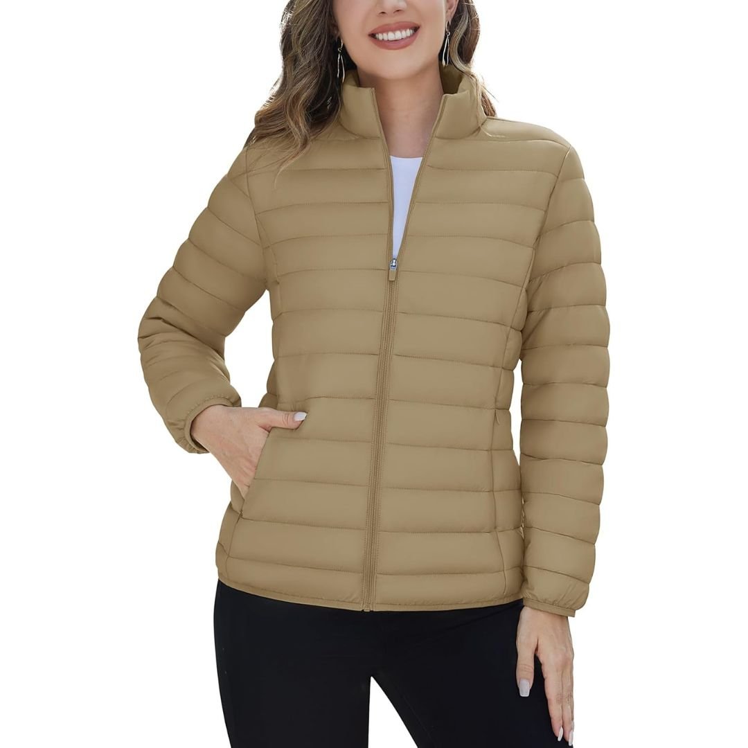 Women's lightweight quilted puffer jacket windproof stand collar warm coat with pockets