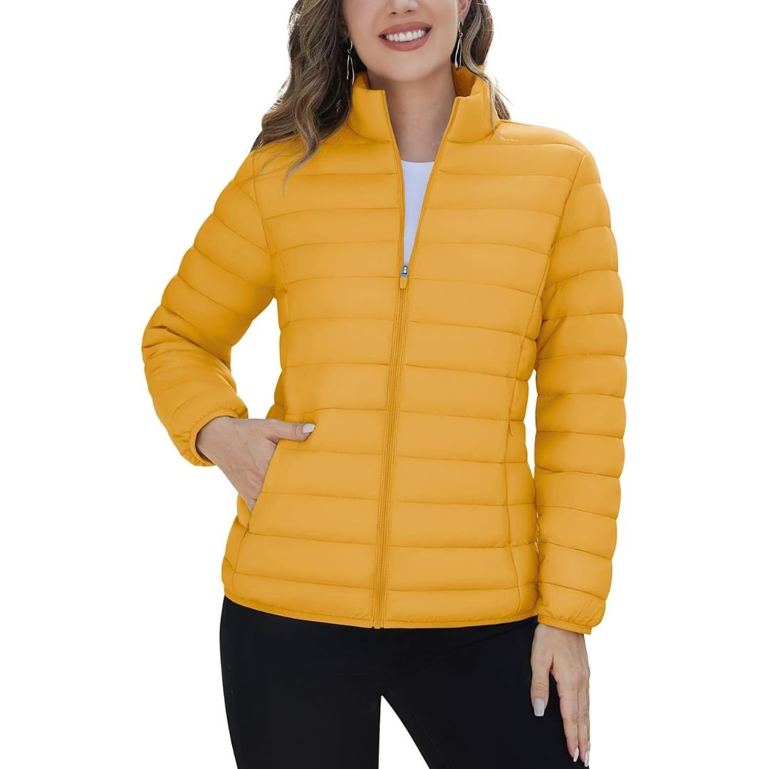 Women's lightweight quilted puffer jacket windproof stand collar warm coat with pockets