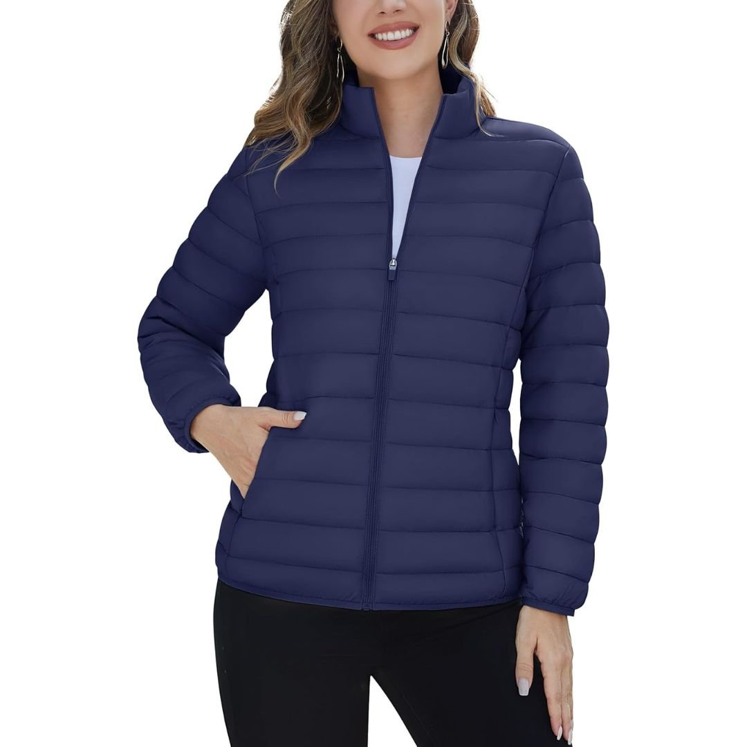 Women's lightweight quilted puffer jacket windproof stand collar warm coat with pockets
