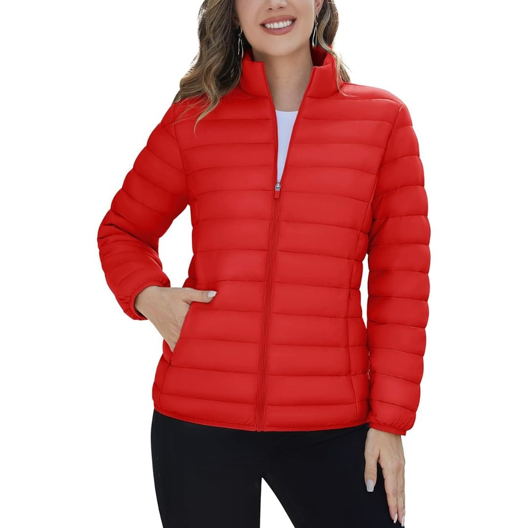 Women's lightweight quilted puffer jacket windproof stand collar warm coat with pockets