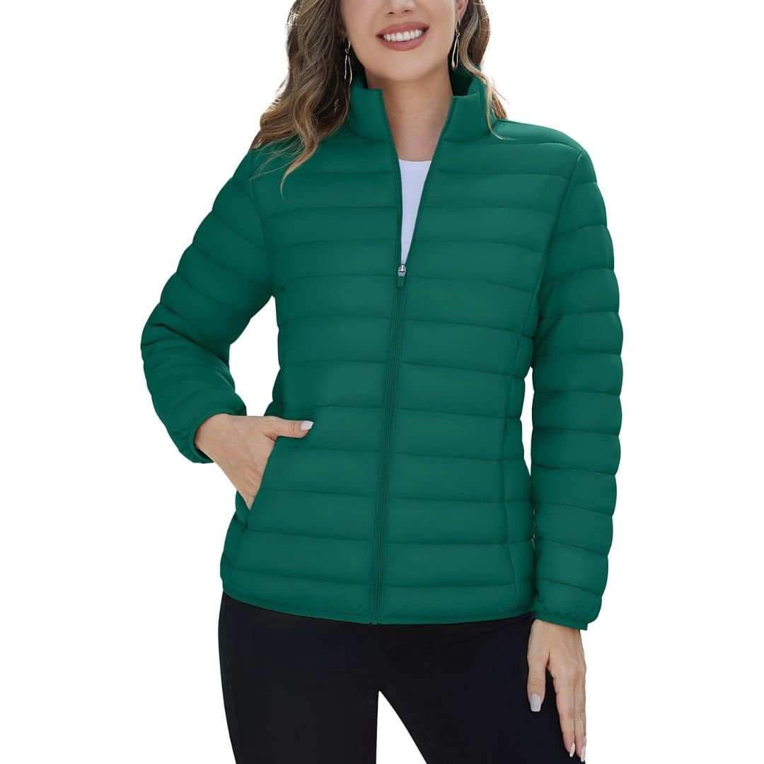 Women's lightweight quilted puffer jacket windproof stand collar warm coat with pockets