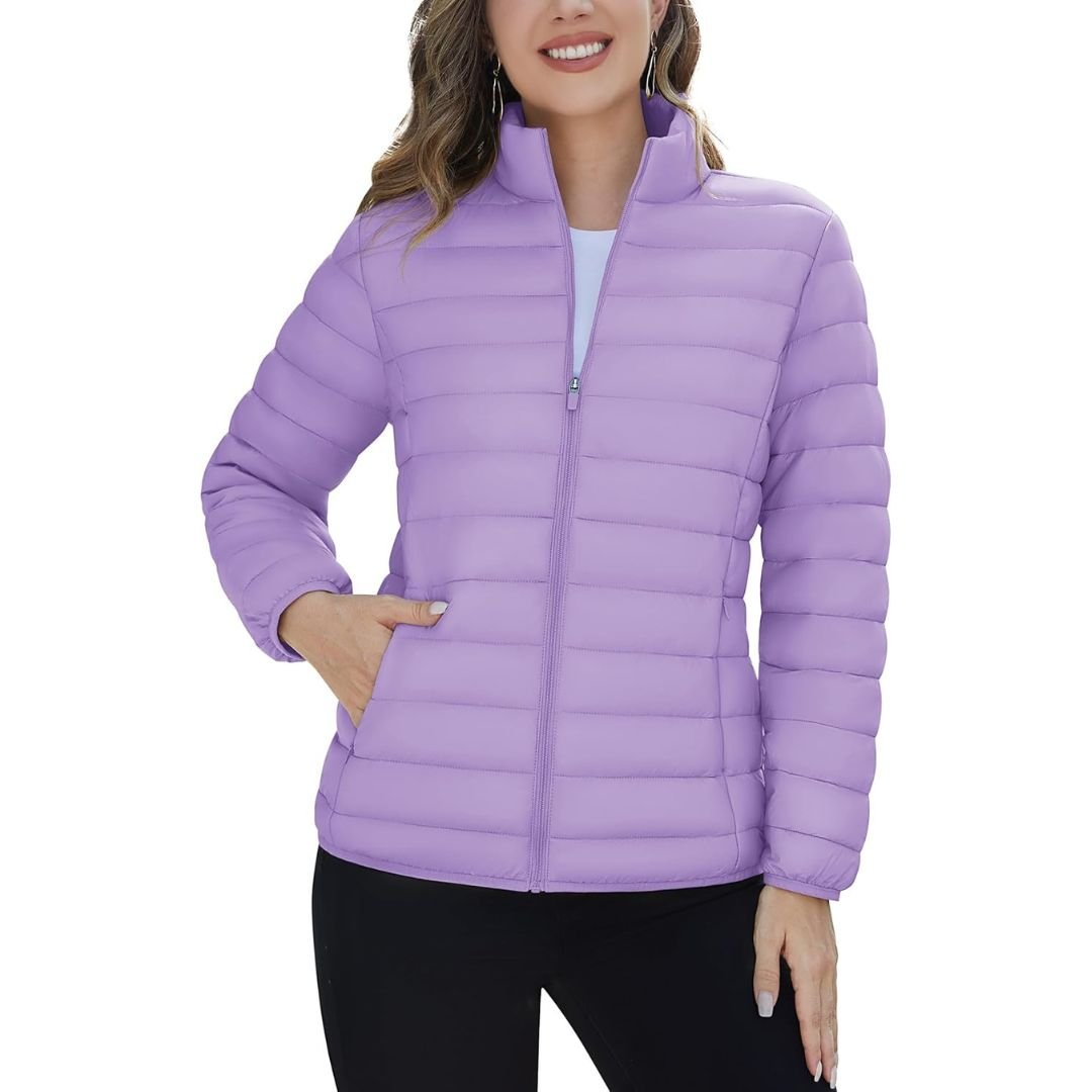 Women's lightweight quilted puffer jacket windproof stand collar warm coat with pockets