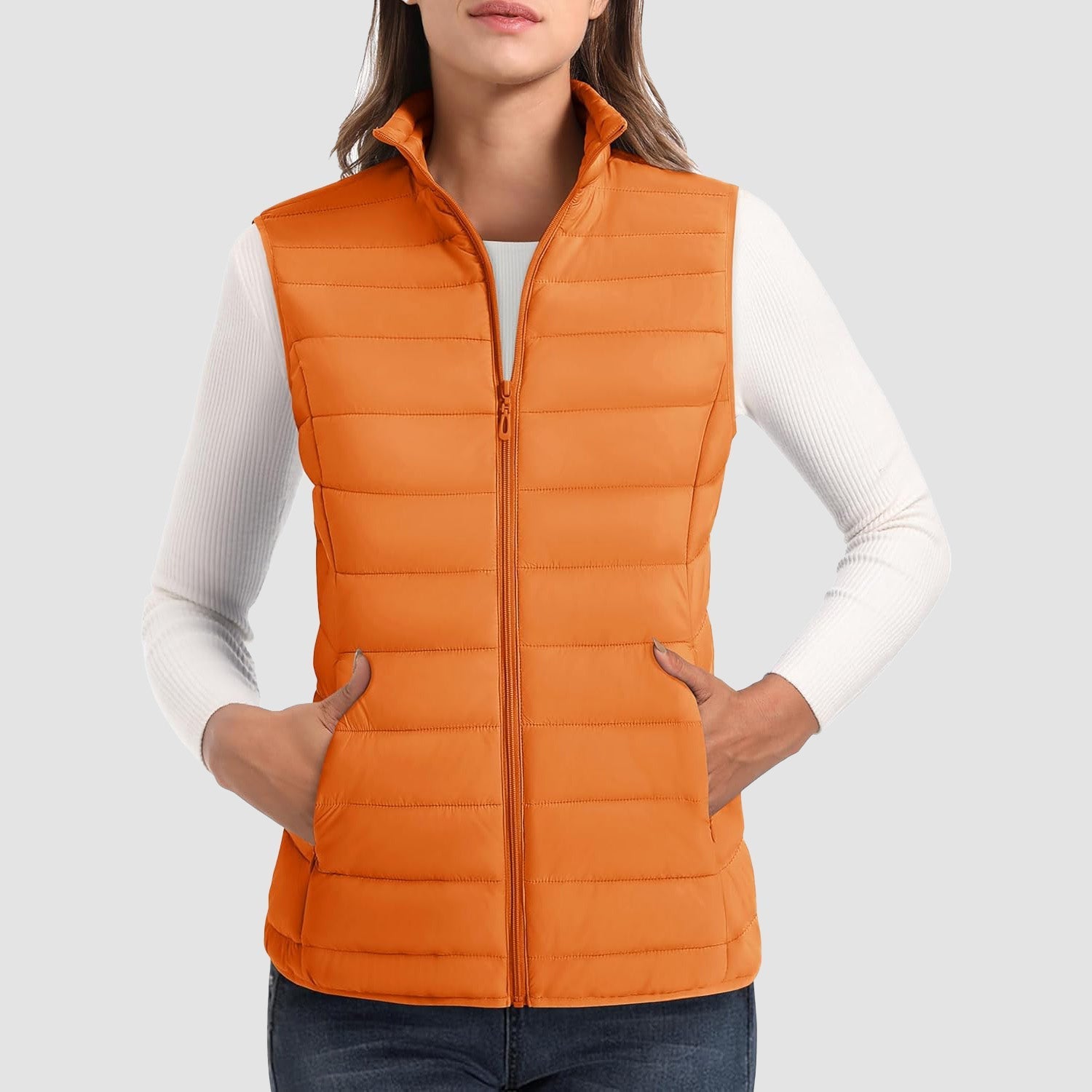 Women's lightweight puffer vest stand collar 4-pocket design water-resistant ultralight warmth layer