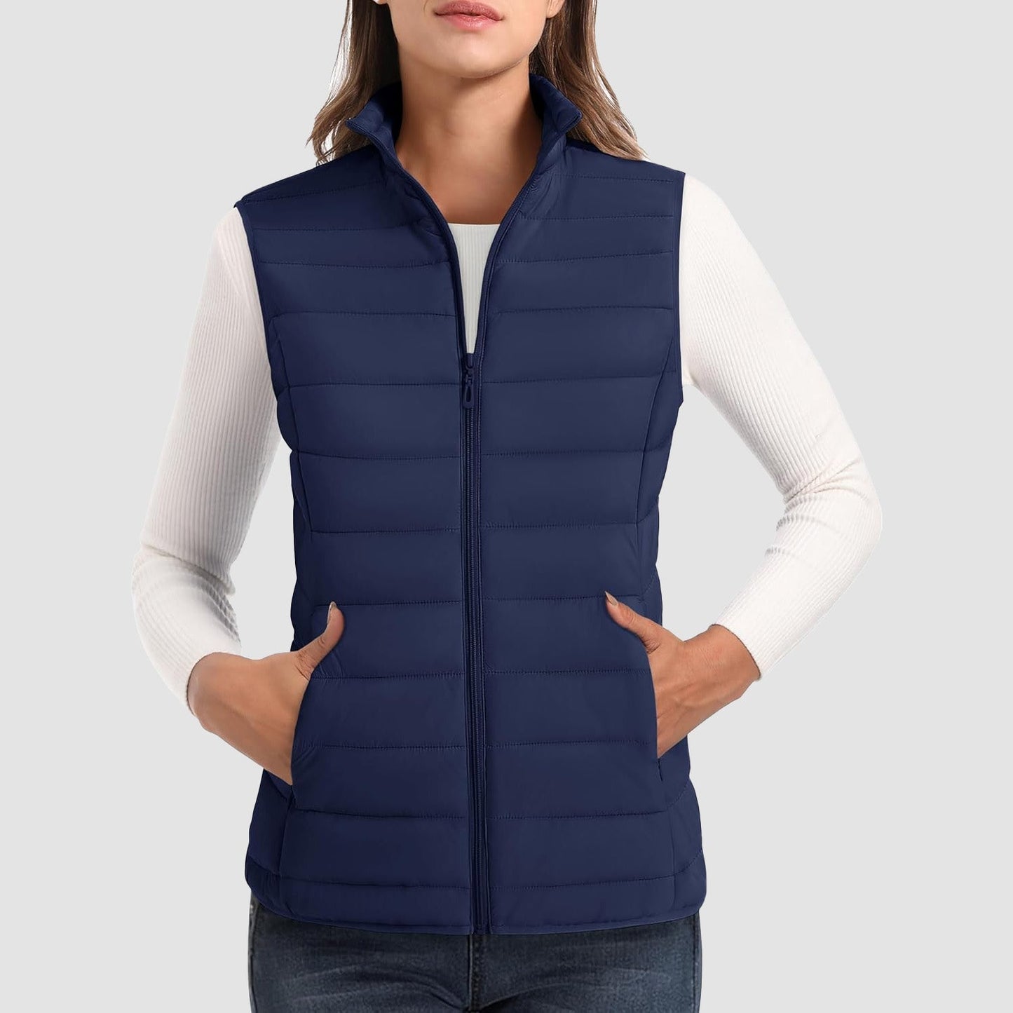 Women's lightweight puffer vest stand collar 4-pocket water-resistant quilted ultralight insulation layer