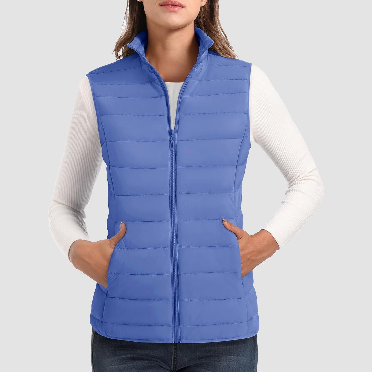 Women's lightweight puffer vest stand collar 4-pocket quilted ultralight water-resistant sleeveless jacket