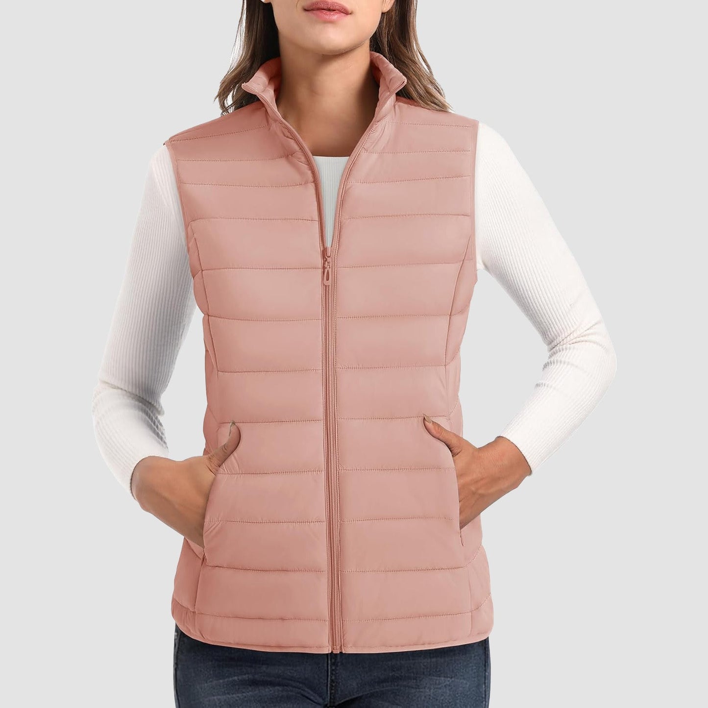 Women's lightweight puffer vest stand collar 4-pocket design water-resistant ultralight insulation