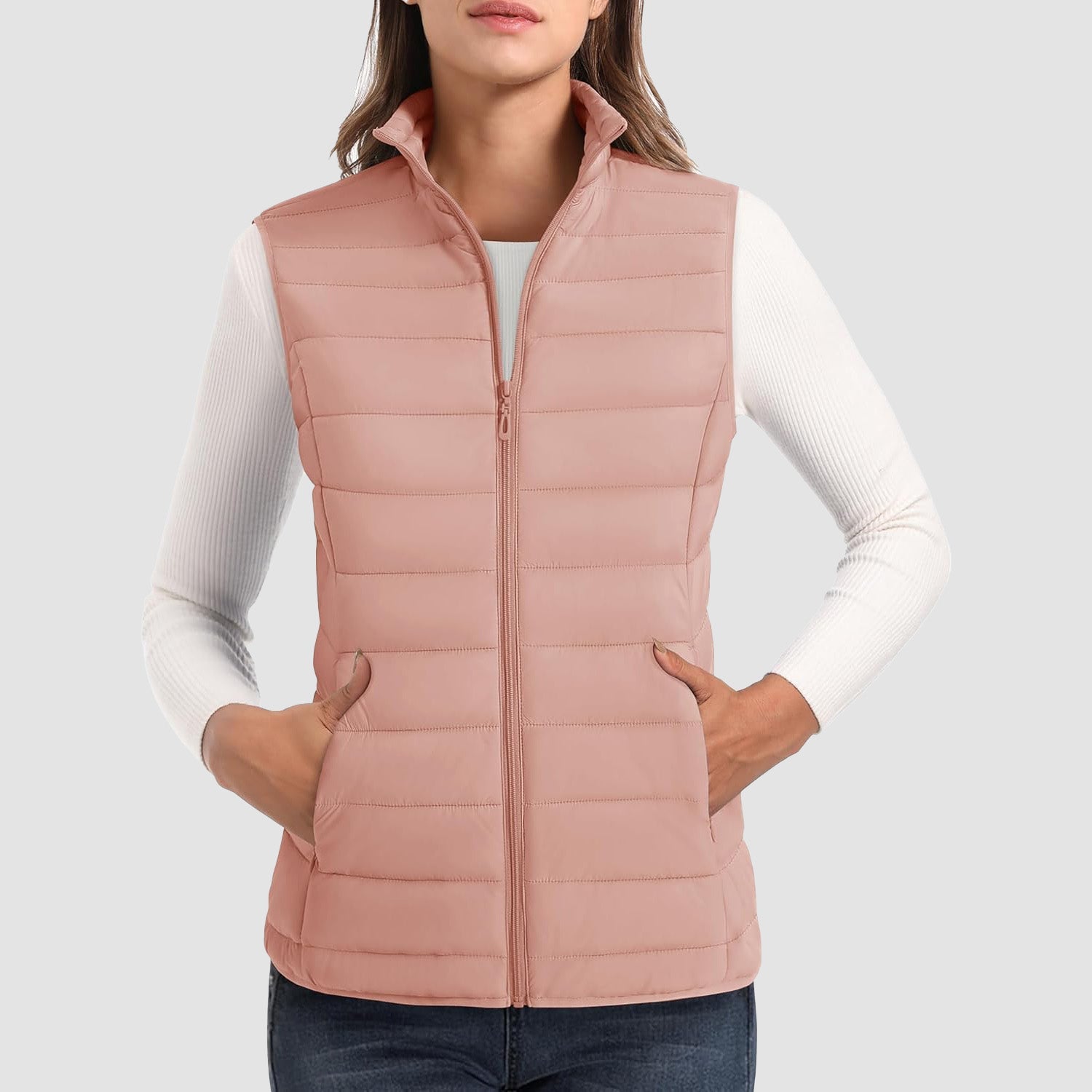 Women's lightweight puffer vest stand collar 4-pocket design water-resistant ultralight insulation