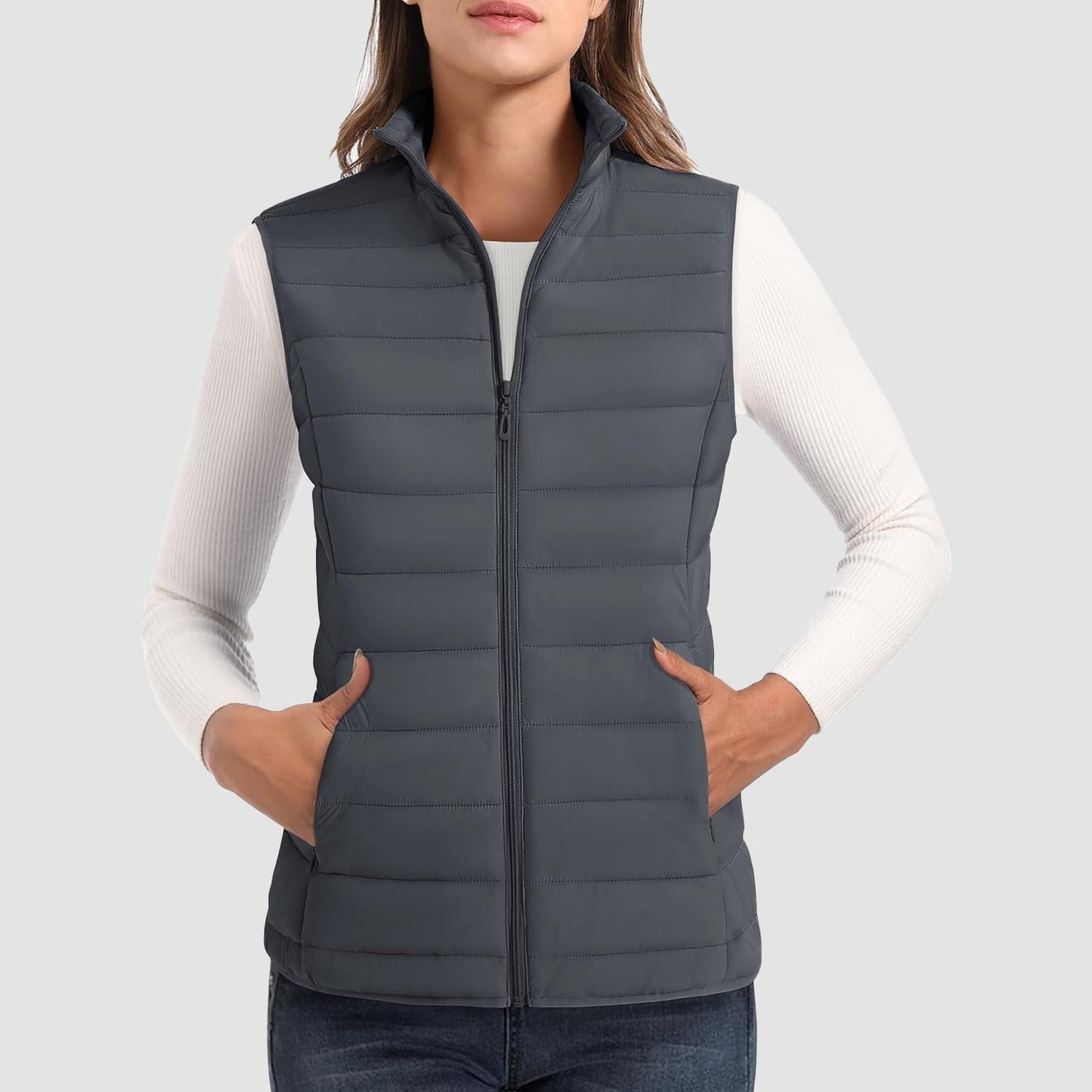 Women's ultralight puffer vest stand collar 4-pocket water-resistant quilted sleeveless nylon jacket