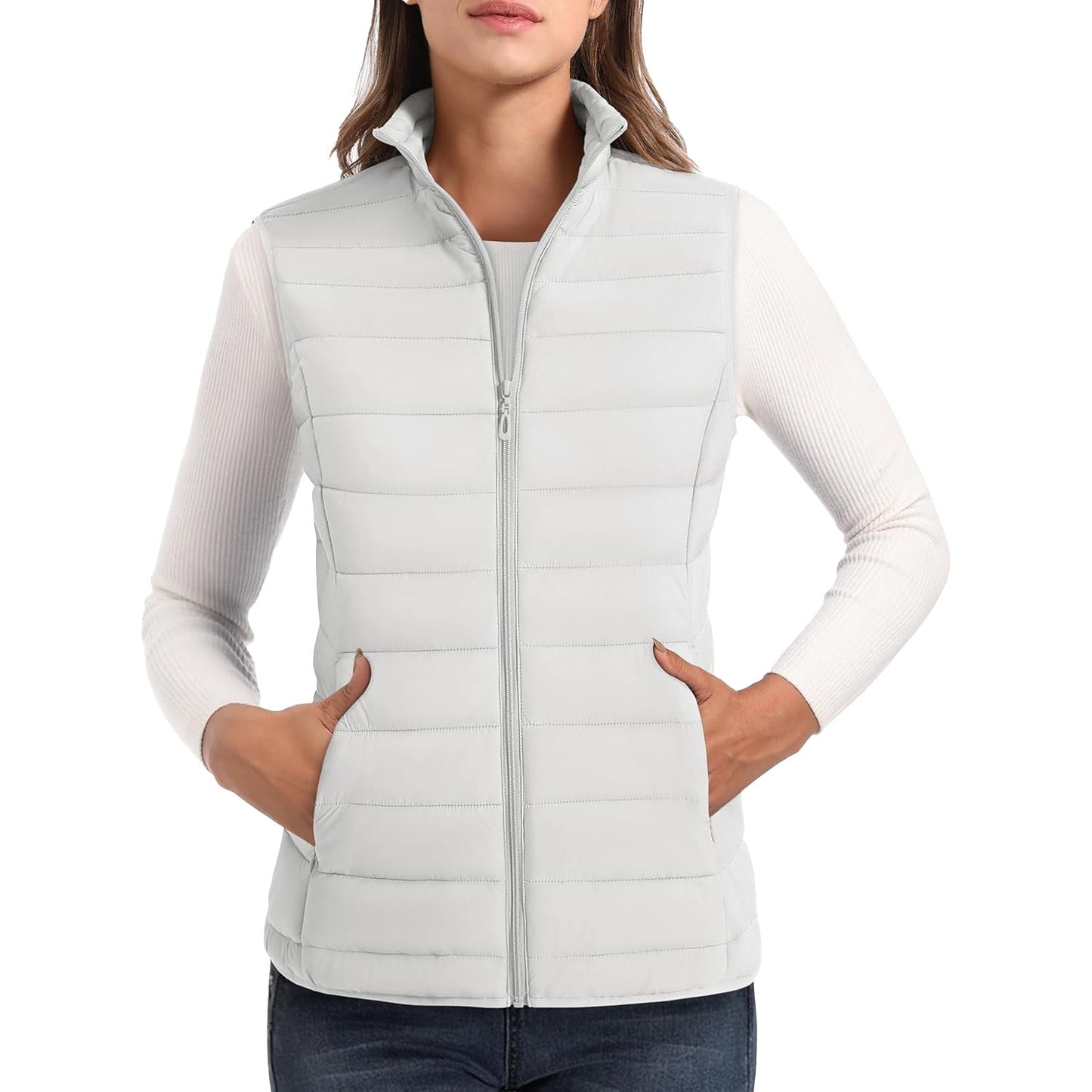 Women's lightweight puffer vest stand collar 4-pocket water-resistant ultralight insulation layering essential