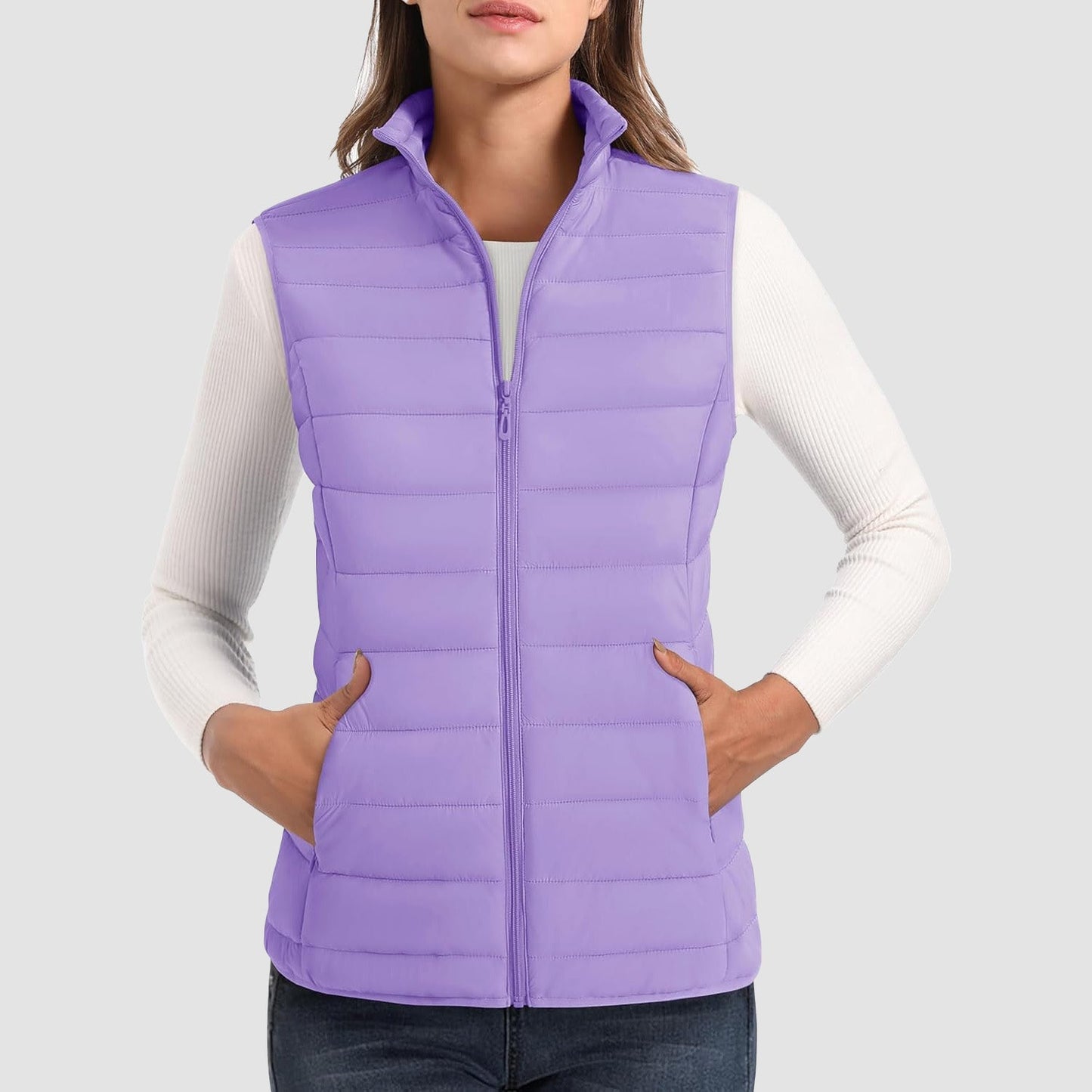 Women's lightweight puffer vest stand collar 4-pocket water-resistant ultralight insulated outerwear