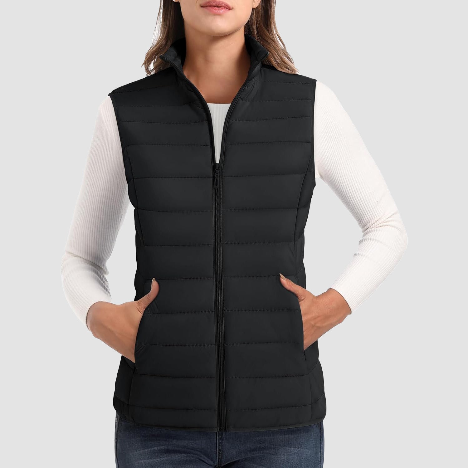 Women's lightweight puffer vest stand collar 4-pocket design water-resistant ultralight insulation