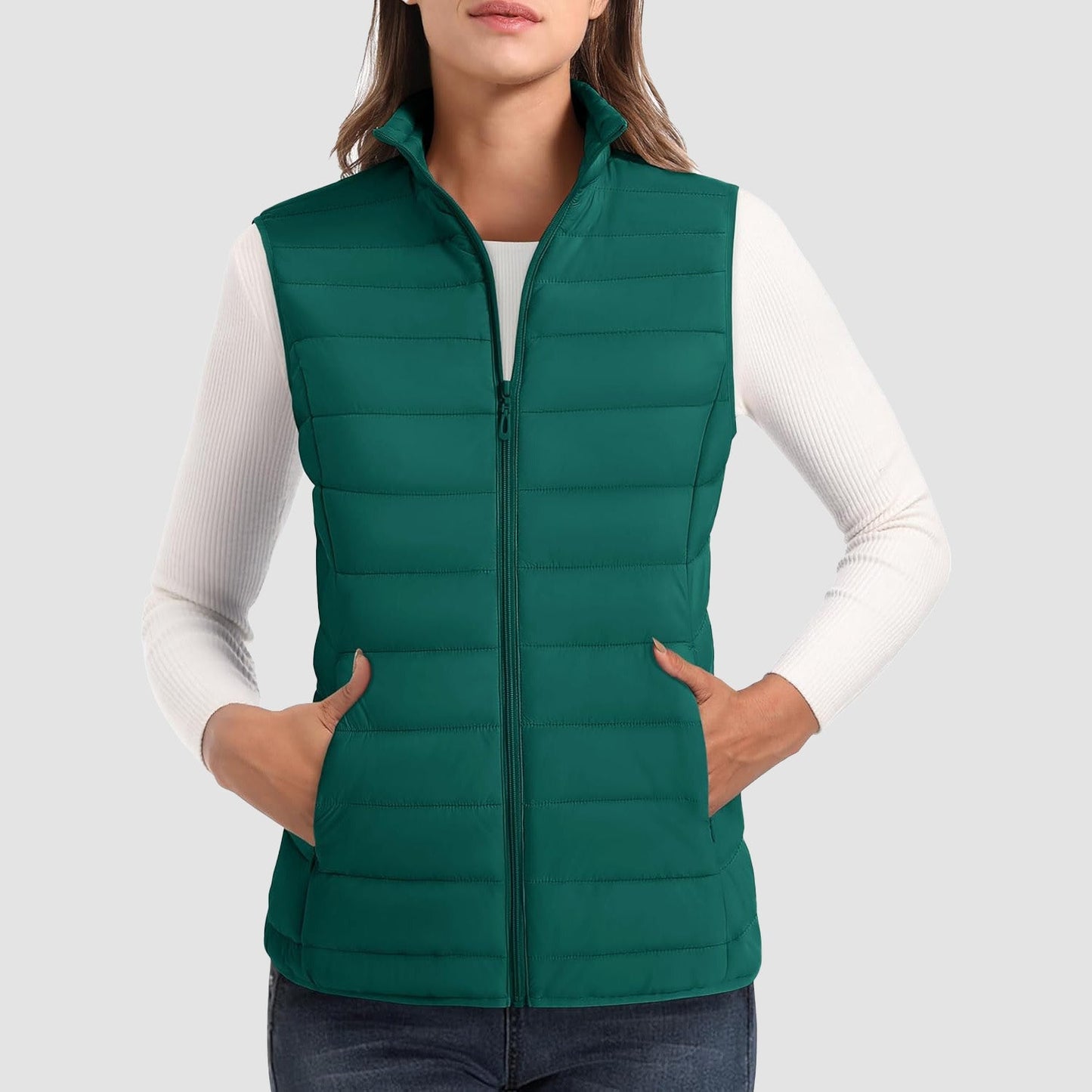 Women's lightweight puffer vest stand collar 4-pocket water-resistant ultralight insulation layering piece