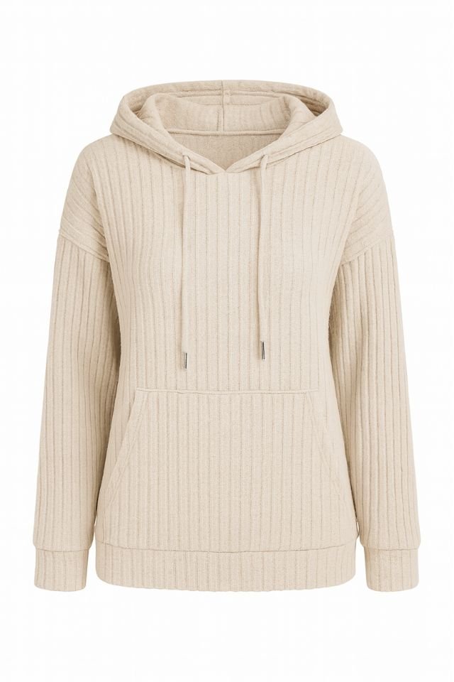 Women's black ribbed-knit hoodie jacket with drawstring pockets, lightweight polyester casual fit