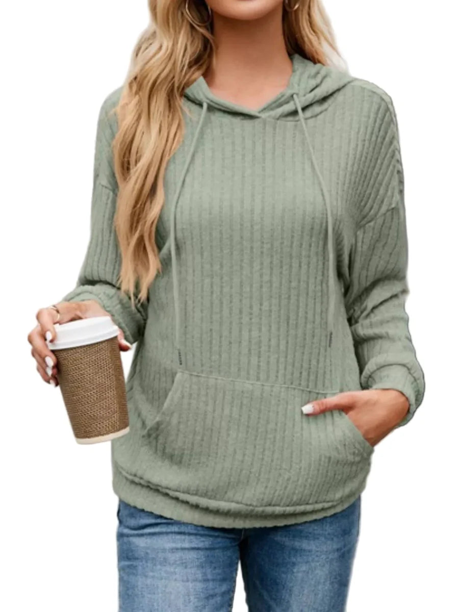 Women's ribbed black hoodie jacket with drawstring pockets, lightweight polyester knit for effortless style