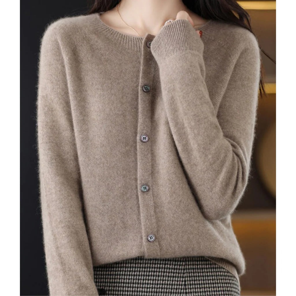 Women's round neck cardigan V-neckline long sleeve pullover with front buttons cozy everyday style