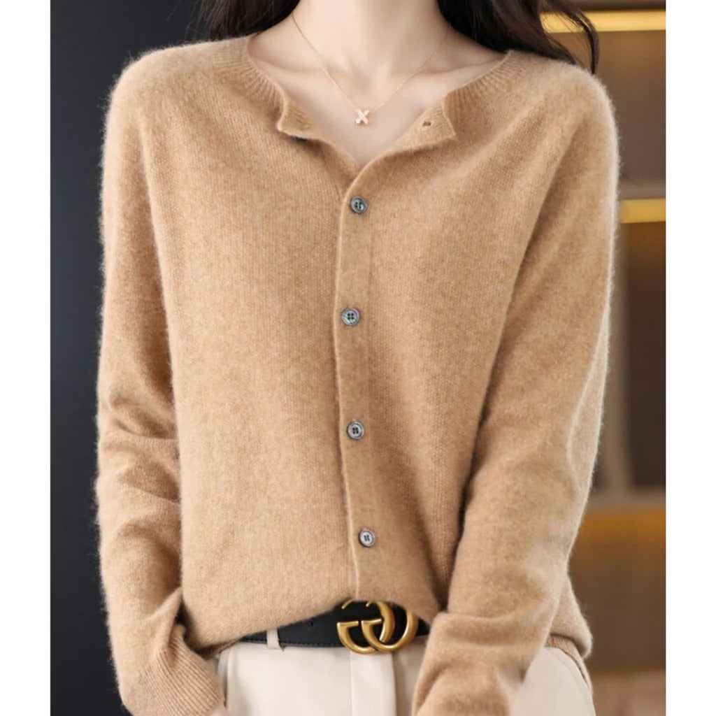 Women's round neck V-front button cardigan long sleeve cozy pullover versatile everyday knit top