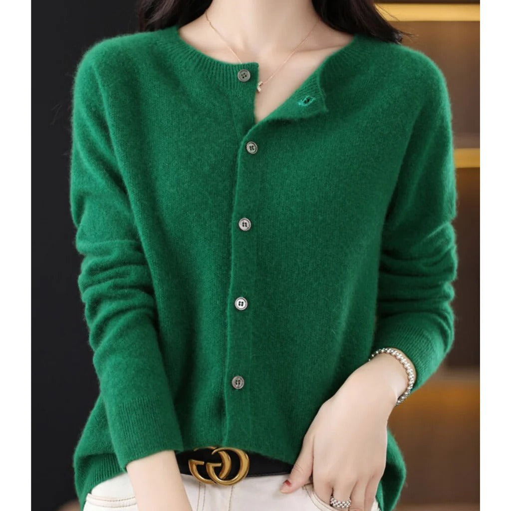 Women's round neck cardigan V-neckline long sleeve pullover with front button detail for everyday wear
