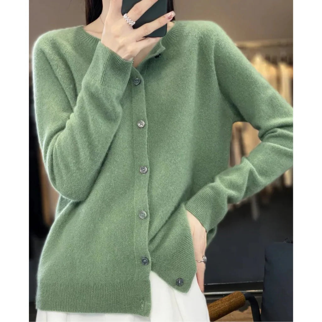 Women's cozy round neck cardigan with V-neck front buttons, long sleeve pullover for versatile everyday wear