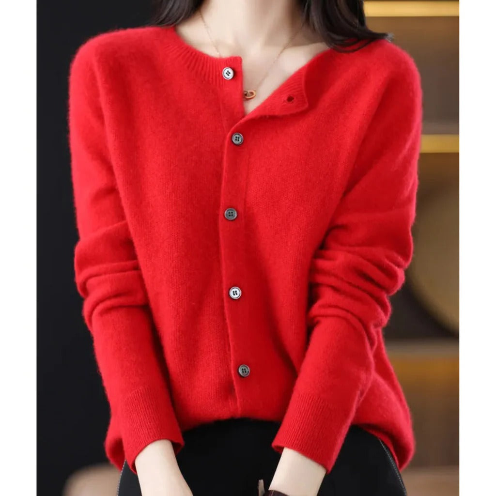 Women's round neck cardigan with V-neck front buttons, long sleeve cozy pullover for everyday style