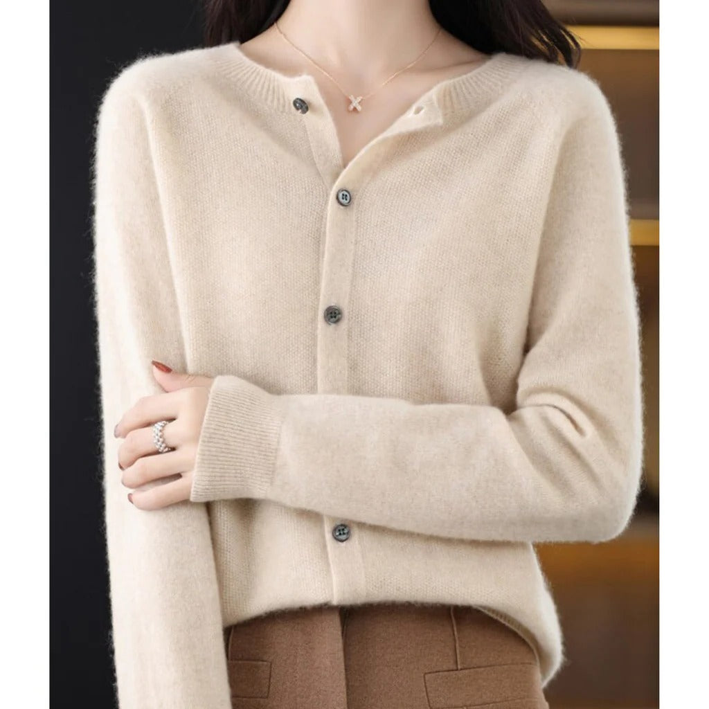 Women's round neck cardigan V-neck front buttons long sleeve cozy pullover for everyday versatile style