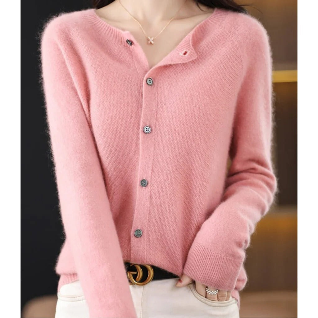 Women's round neck cardigan with V-neck front buttons, long sleeve cozy pullover for everyday style