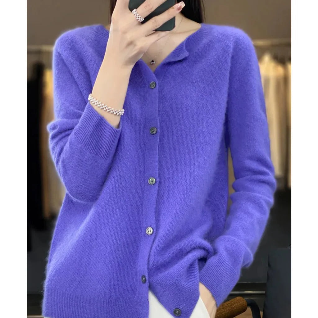 Women's round neck V-neckline cardigan long sleeve pullover with front buttons cozy everyday style