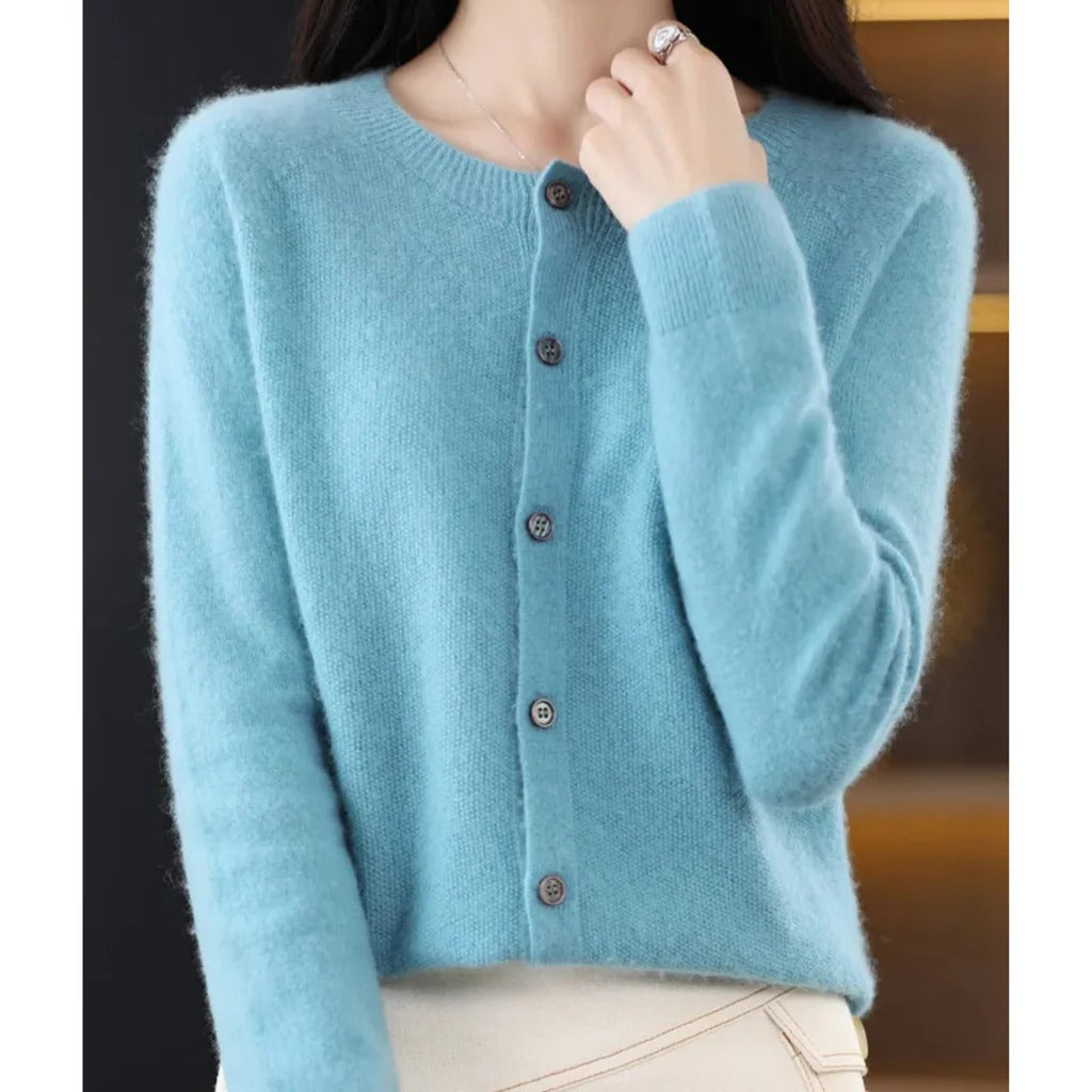 Women's round neck V-neck cardigan long sleeve pullover with front buttons cozy versatile everyday style